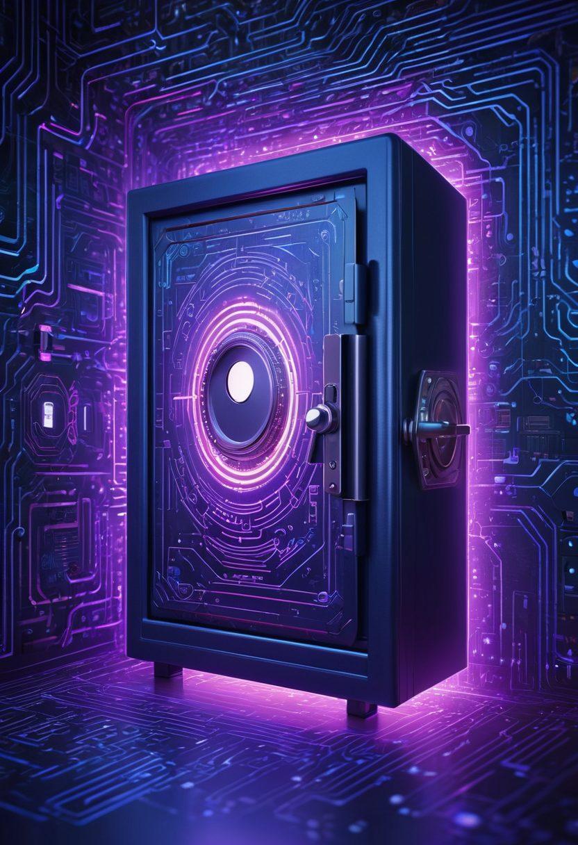 An abstract representation of a digital safe with a glowing lock, surrounded by a maze of circuit patterns symbolizing internet pathways. Include shadowy figures browsing on devices in the background, representing anonymity. The color scheme should incorporate deep blues and purples to evoke a sense of security and mystery. cyberpunk. vibrant colors. 3D.