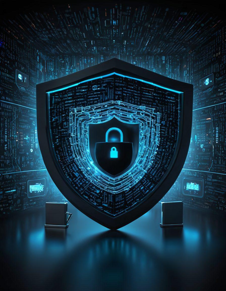 An abstract representation of digital privacy, featuring a shield made of binary code surrounded by interconnected proxy servers and VPN icons, in a dark cyberspace environment illuminated by glowing data streams. Incorporate elements like a lock symbol, padlock, and a globe showing network connections. Stylize it to evoke a sense of security and technology. super-realistic. vibrant colors. 3D.
