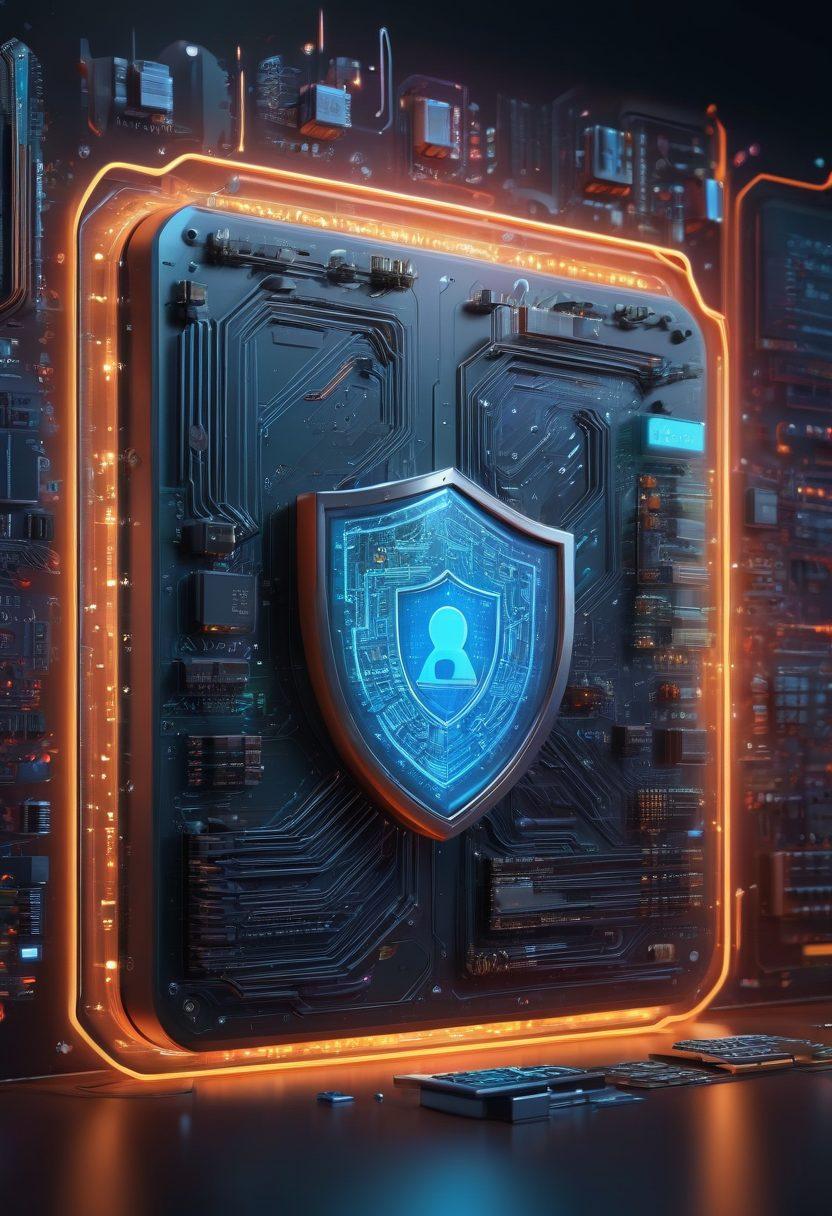 A digital fortress surrounded by a glowing circuit board landscape, depicting various cybersecurity elements like shields, locks, and firewalls, with a diverse group of people collaborating to secure their devices. Incorporate symbols of safe browsing and encrypted connections in the background. The scene should convey strength and protection in a modern tech world. vibrant colors. super-realistic. 3D.
